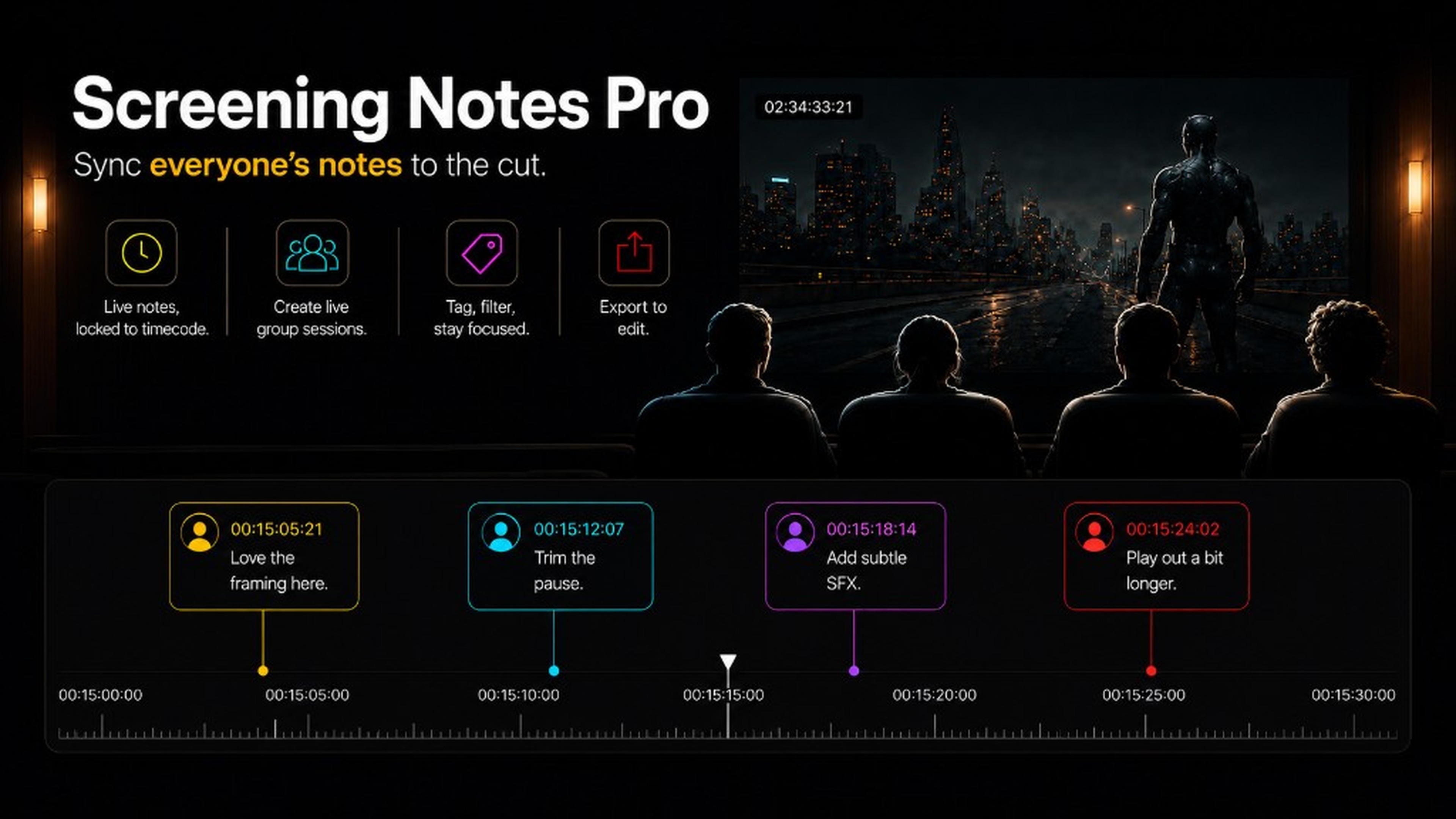 Screening Notes Pro — Sync everyone’s notes to the cut.